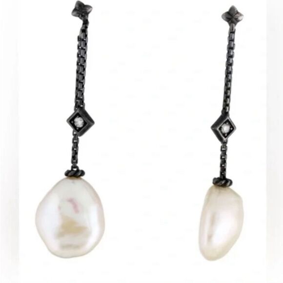 David Yurman Pearl & Diamond Solari Black Chain Drop Earrings EUC - Picture 3 of 5
